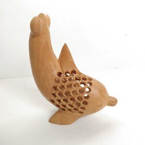 Vintage Carved Wooden Dolphin Pierced Folk Art Baby Inside Mother Figurine Jali